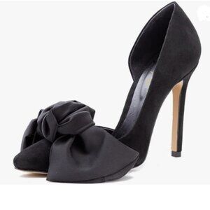XYD Women Pointed Closed Toe Pumps Oversized Satin Bowknot Stiletto Black Shoes